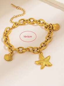 1pc Fashionable 18K Gold Stainless Steel High-Protection Starfish & Shell Pendant Bracelet, Suitable For Women, Beach, Party, Waterproof Jewelry Gift, USA