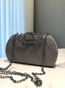 1pc Gray Glitter Crystal Decor Elegant Women's Evening Clutch Bag, Suitable For Banquet, Wedding, Party, Formal Occasions, Fashion Handheld & Shoulder Bag With Metal Chain
