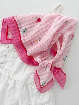 1pc New Ditsy Floral Pattern Linen Small Square Headscarf Neckerchief Hair Tie For Girls