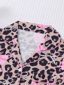 2pcs Leopard Bowknot Print Women Pajama Set, Collar Shirt Short Sleeve Comfortable Top And Elastic Waist Shorts, Fashionable Sleepwear Loungewear For Holidays Party And Casual Wear