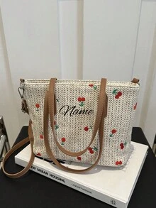 Custom Women'S Casual Straw Cherry Shoulder Bag, One Piece Customized Personalized Name Or Holiday Message Travel Bag. Can Be Customized With Exclusive Name, Letters, Lucky Numbers, Etc., Large Designer Handmade Woven Rattan Tote Summer Vacation And School Capacity, Portable, Suitable For Teens, College Girls Professionals, Great Work, Back To School, High College, Vacation. Mother'S Day Gift.