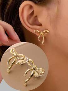 1 Pair Fashion Bowknot Clip On Earrings For Women, Elegant Clamp Earrings Suitable For Daily Wear, Gift For Ladies