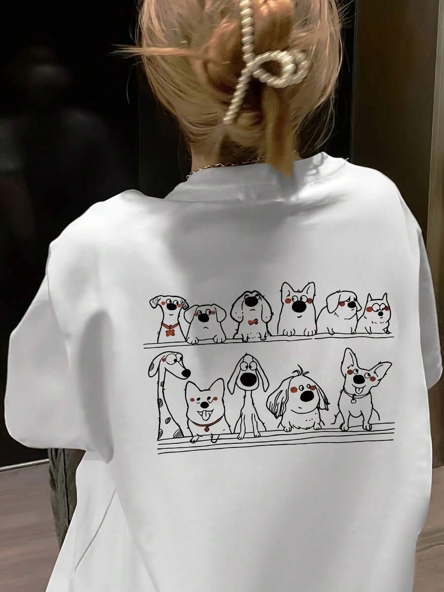 Camiseta de manga corta con estampado lindo de perro para mujer, ajuste holgado, cuello redondo, camiseta casual blanca para primavera/verano, ropa casual de uso diario con diseño divertido de animales, material opaco, camiseta de perro