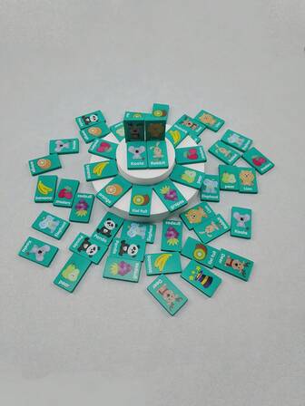 57pcs Wooden Block Classic Dominoes Game, 4-In-1 Board Game, Family Interaction, 2-Player Fruit & Animal Dominoes Matching, Blindly Search & Memory Chess, Dominoes Matching Game, Gift For Boys & Girls