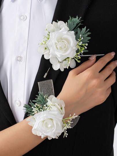 2pcs/1pc Baby's Breath Rose Wrist Corsage, Suitable For Groom, Bride, Father, Mother, Grandparents Wedding Decor, Prom Corsage
