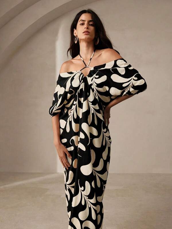 Plus Size Summer Halter Neck Long Sleeve Dress, Fashionable