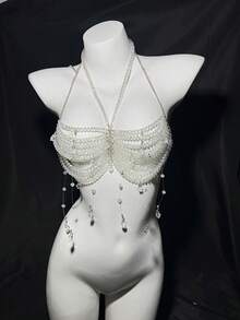 1Pc Sexy, Fashionable, Personalized, Exquisite, Multi-Layered Faux Pearl Chest Chain Top Chain, Wedding Party Accessories - Crystal White - View 6