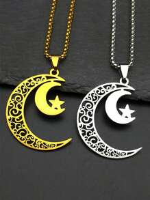 Stainless Steel Hollow Tree Of Life Crescent Moon Pendant Necklace For Women Men Gold Color Moon Star Necklace