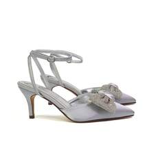 XY LONDON Solene Women's Diamante Bow Pointed Toe Court Shoes, Mid Heel, Stiletto, Ankle Strap, Buckle, Black, Navy, Silver, Ivory, Satin, Bridal Heels, Glamorous, Wedding Style, Autumn, Winter, Spring - Silver - View 1