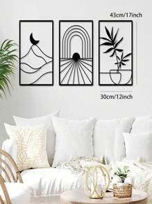 Set de 3 piezas de arte de pared de plantas y metal negro - Decoración moderna para el hogar, acentos festivos, arte de pared elegante