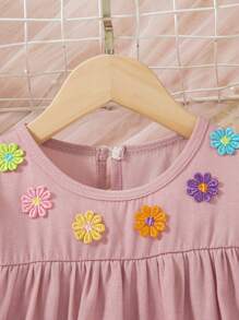 Young Girls Colorful 3D Floral Puff Sleeve Ruched Denim Effect Dress