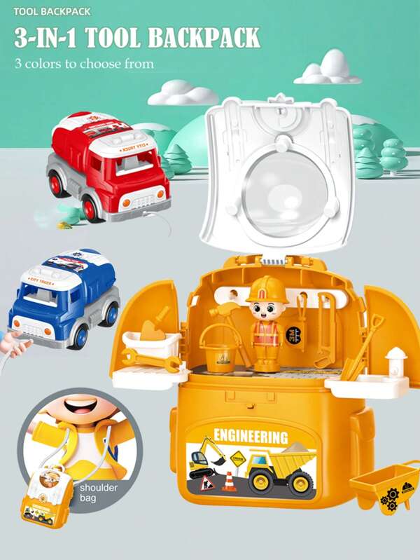 Mochila de juguete con camión de construcción en miniatura, juguete de construcción y ensamblaje para juego de roles, con accesorios aleatorios, regalo para niños y niñas