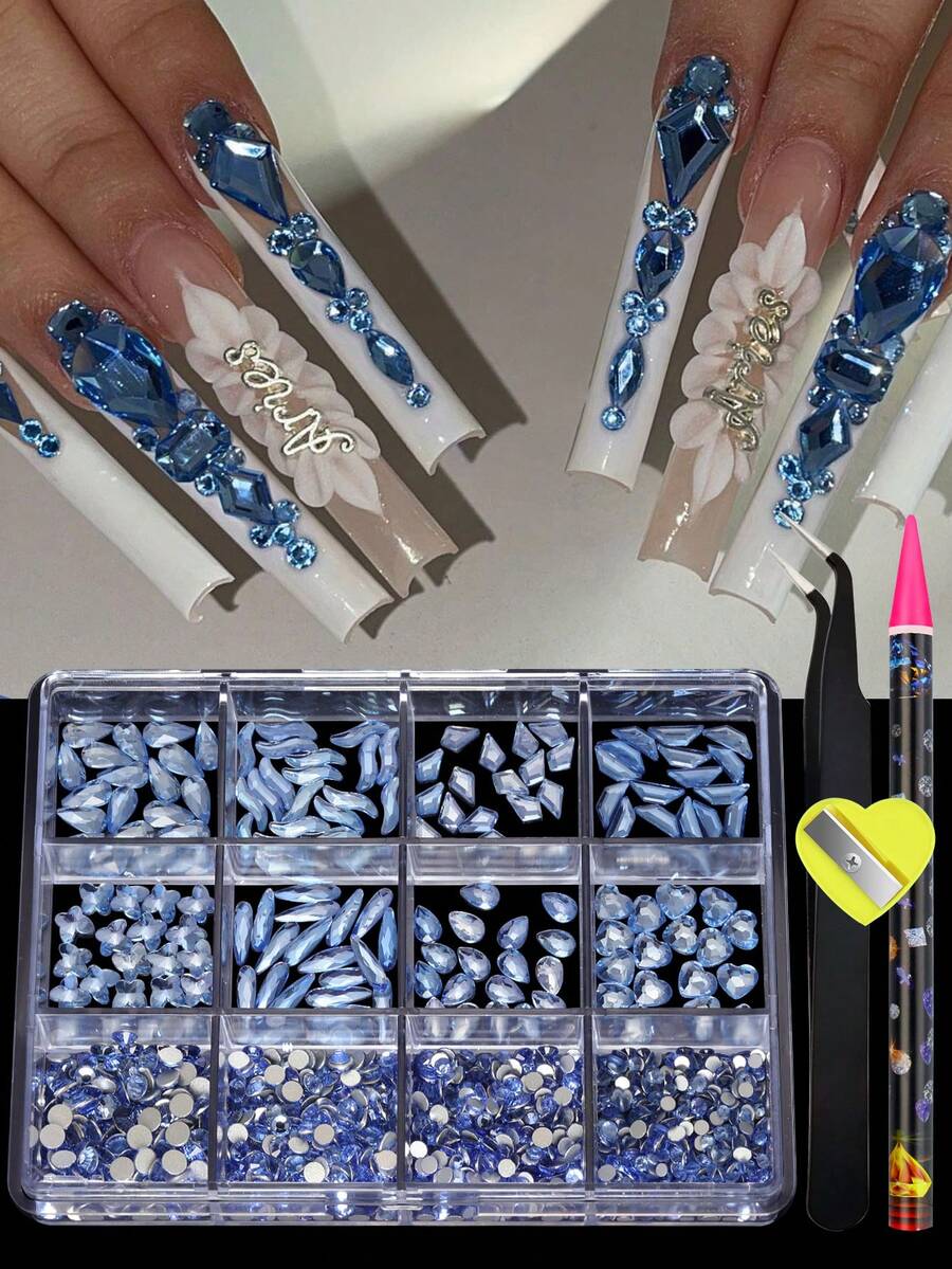 12 Gird/Box Red Pink Crystals Rhinestones For Nails Multi Size Diamonds AB FlatBack 3D Glitter Gems Purple DIY Nail Art Decorations - Navy Blue - View 1