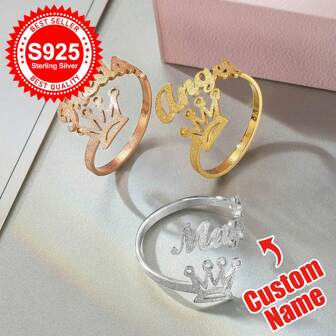 S925 Sterling Silver Custom Name Ring With Crown Design - Perfect Gift! Ideal For Family, Mom, Grandmother, Lover, Or Best Friend. Meticulously Crafted From S925 Silver, This Ring Showcases A Unique Crown Motif Alongside A Custom - Engraved Name