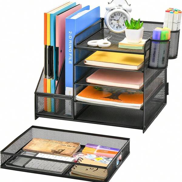 Fünfschichtiges Lagerregal aus Metallgeflecht, Desktop-Lagerregal mit zwei Stifthaltern