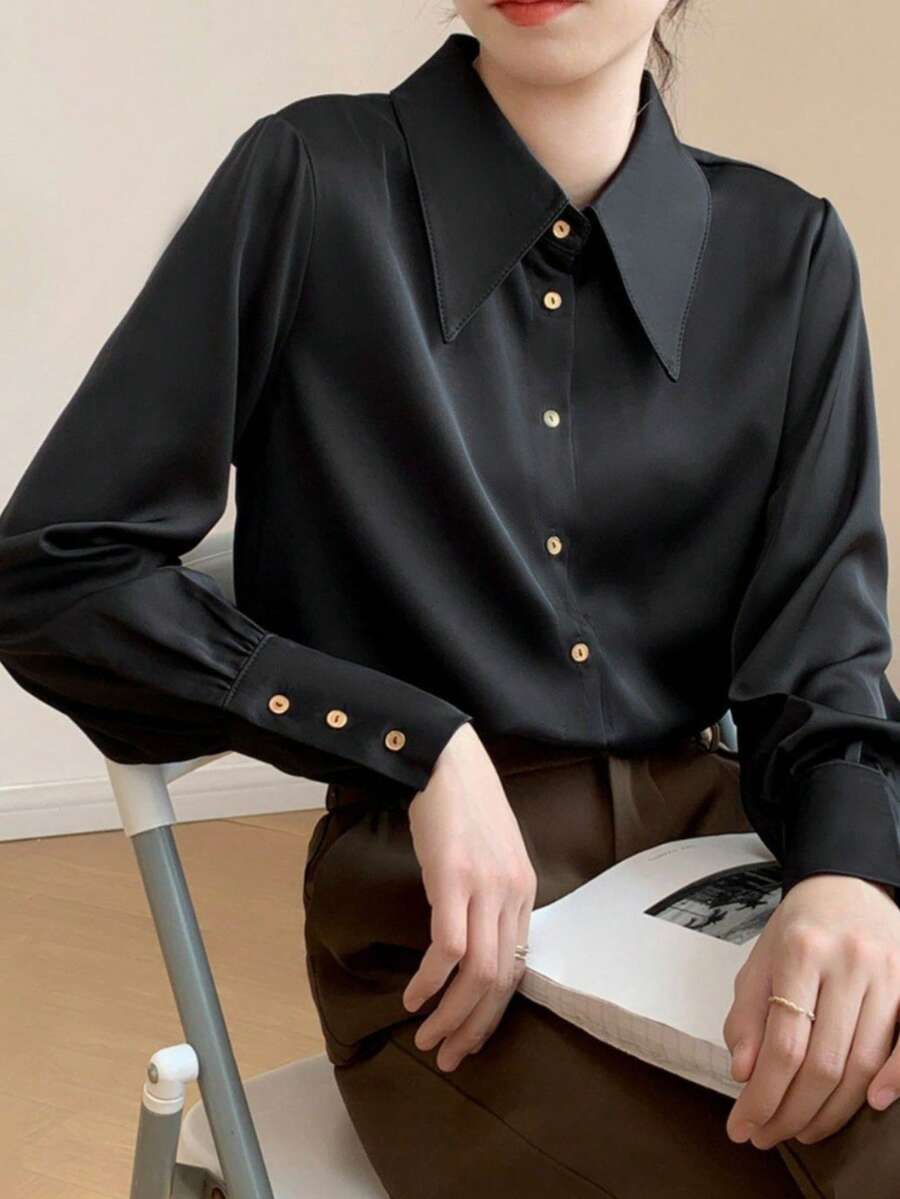 女士纯色长袖单排扣优雅办公衬衫 - 黑色 - 查看 1