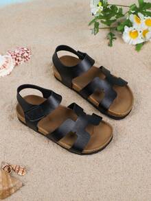 一双女童平底凉鞋，露趾波西米亚凉鞋，舒适软木鞋底，适合派对的复古经典鞋款，街头风格，复古休闲装，春夏新品，舒适的大学生罗马凉鞋。 - 黑色 - 查看 8