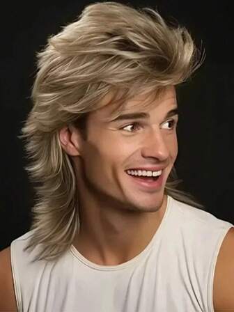 16 英寸男士马尾假发，70 年代 80 年代化装舞会配饰，灰金色角色扮演假发，万圣节假发