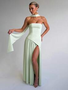 Elegant Sexy Strapless High Slit Flowy Evening Dress, Party Gown - Green - View 10