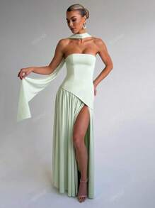 Elegante vestido de noche con abertura alta, sin tirantes y fluido, vestido de fiesta