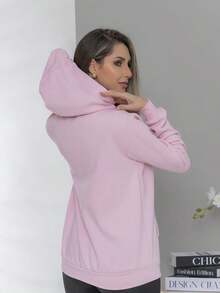 Women's Fashion Cold Weather Sweatshirt Coat Flannel Hooded Zipper Side Pockets - hoa hồng - Xem 4