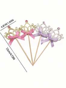 1set/5pcs,Golden Crown Ribbon Cupcake Skewers With Pink Bow Accents - Perfect For Decorating Birthday Parties, Weddings, Dessert Cupcakes, Cocktail Skewers, Suitable For Gatherings, Party Celebrations, And Corporate Events