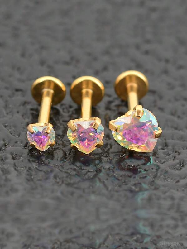 3 PiecesPack Fantastic Rainbow Color 3/4/5mm Imitation Crystal Zirconia Heart Nose Studs Nose Piercing Stainless Steel Labret Lip Rings Helix Cartilage Earrings For Women Men Body Jewelry 16G 1.2x6mm Flat Post