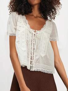 Women Short Sleeve Tie-Up Lace Patchwork Tops Blouse Summer Casual Button Down T-Shirt Streetwear - 白色 - 查看 1