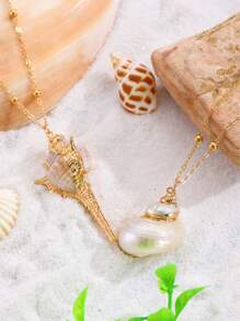 1 pieza Collar con colgante de concha de mar con borde dorado, accesorio de joyería elegante y único para vacaciones de verano en la playa, regalo