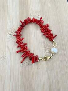 1入奢華波西米亞復古風格紅珊瑚天然石項鍊手工珍珠女士頸鍊，附贈禮盒適合送給女孩夏日沙灘配飾