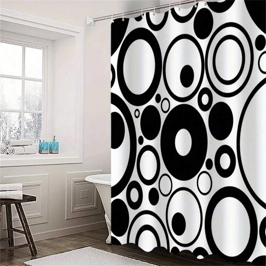 1pc Black & White Circle Polyester Shower Curtain, Modern Geometric Minimalist Pattern, Bathroom Decor, Summer Bathroom Accessory - Multicolor - View 1