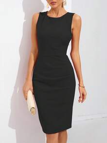 Vestido lápiz negro elegante para concierto y fiesta de mujer, de corte slim y sin mangas - Negro - Ver 6