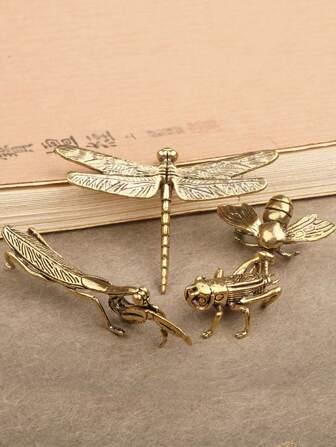 1 件铜合金迷你昆虫蜻蜓蝴蝶螳螂蟋蟀蜜蜂小雕像工艺品，3D 金属模型复古黄铜装饰，适用于家庭桌面电视柜酒柜装饰、办公桌店面酒吧装饰、派对节日生日小礼物、摄影道具