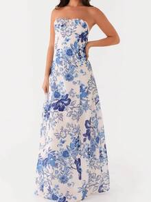 Womens Floral Strapless Dress Y2k Backless Sleeveless Tube Maxi Long Dresses Sexy Bodycon Summer Beachwear Formal Cocktail Club Party Sundress - 藍白色 - 查看 3