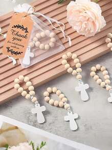 Set de regalo de 5/10 piezas de cuentas de rosario de madera personalizadas, que incluye rosario en beige y bolsa de organza, adecuado para recuerdos de boda, fiestas de cumpleaños, bautizos, regalos de primera comunión y regalos para ceremonias religiosas para estudiantes de secundaria, preparatoria, universidad y estudiantes universitarios.