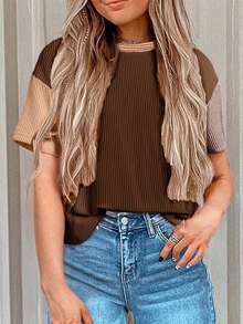 Acelitt Summer Women's Multi-Color Patchwork Color Block Texture Striped Round Neck Casual Short Sleeved T-Shirt