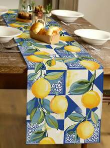 1pc Lemon & Pineapple Printed Table Runner, Suitable For Kitchen, Dining Room, Holiday Decor, Family Gathering, Home Decor, Outdoor Dining Table, Coffee Table Decoration