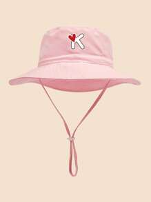 1 pezzo Cappello da sole per bambini con stampa a cuori e lettere, con cordino regolabile antivento, stile casual, cappello secchiello per neonati, adatto per attività all'aperto, spiaggia, protezione dal sole