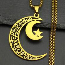 Stainless Steel Hollow Tree Of Life Crescent Moon Pendant Necklace For Women Men Gold Color Moon Star Necklace