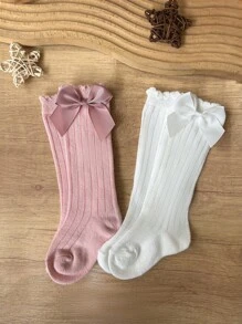 2 Pairs Kids Ribbed Bow Decor Over-The-Knee Socks, Suitable For Everyday Wear