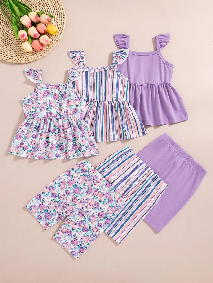3pcs Baby Girls Floral Striped Sleeveless Top + Matching Floral Striped Shorts Set