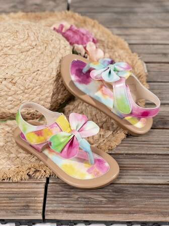 1 par små flickor Bowknot PU Anti-Slip Toe Clip strandsandaler, moderiktiga, perfekta för stranden