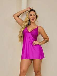 Sexy Lace Nightdress Sexy Lingerie Sleepwear Comfortable Pajamas - 玫瑰紅 - 查看 1