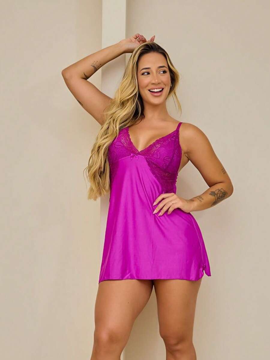 Sexy Lace Nightdress Sexy Lingerie Sleepwear Comfortable Pajamas - 玫瑰紅 - 查看 1