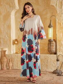 Abito elegante da donna a maniche lunghe con decorazioni in paillettes e stampa floreale, modesto