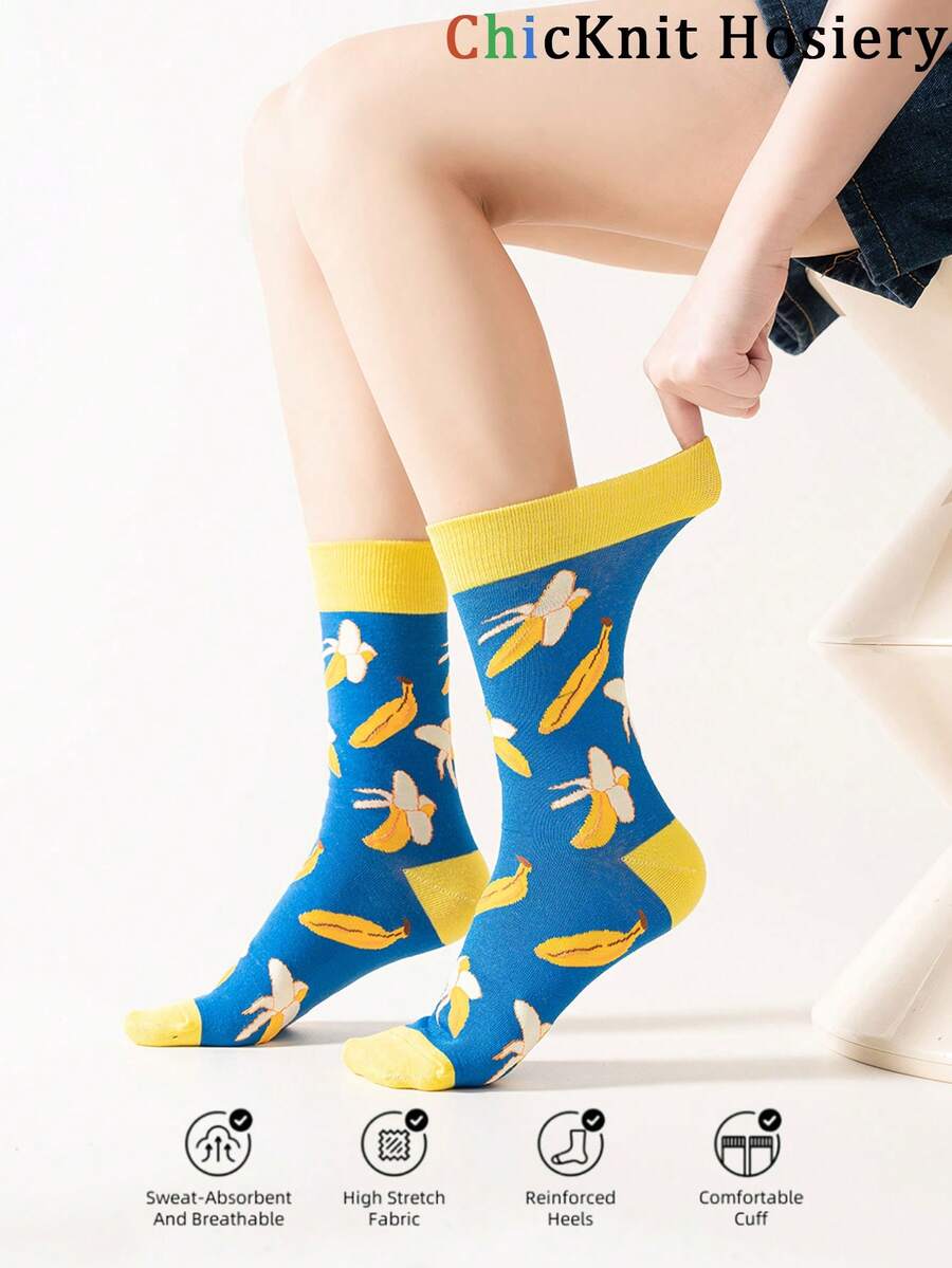 1 Pair Women Fashion Creative Banana Pattern Mid-Calf Socks, Fruit Series Stylish Socks Suitable For Everyday Wear