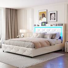 Cama tapizada de 140 x 200 cm/160 x 200 cm, con función de carga y ambiente de mesita de noche, con almacenamiento de palanca de aire, con cabecero, cabecero con diseño de tirador de cristal, blanco, muebles, estructura de cama con cabecero, muebles de dormitorio, sin colchón