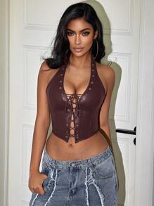 Yuwenier Y2K Punk V Neck Grommet Eyelet Tie Front Corset Crop Halter Top Backless PU Leather Shapewear Tops Concert