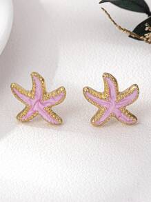1 Pair Fashionable 3D Metal Colorful Pearl Painted Starfish Stud Earrings
