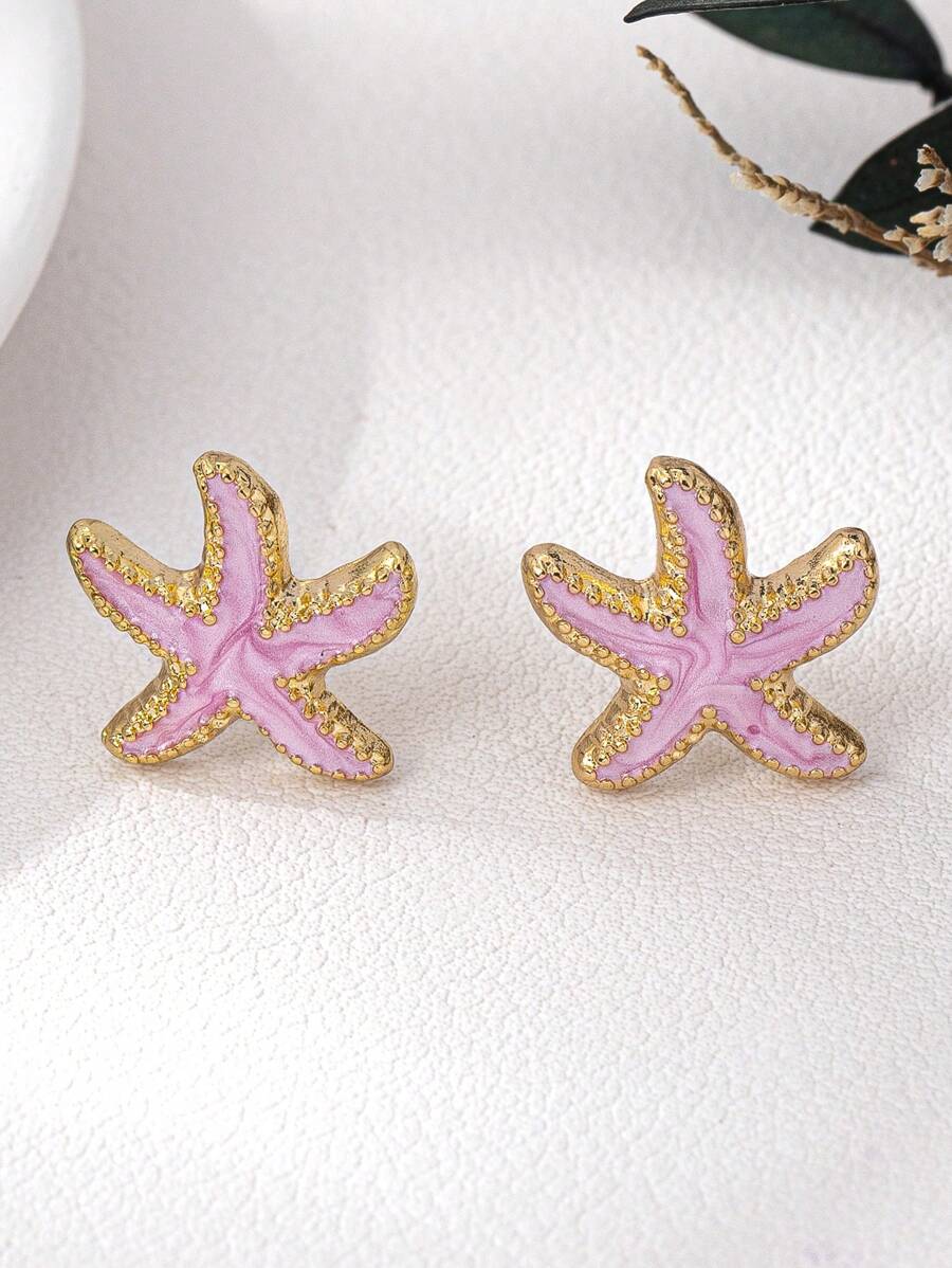 1 Pair Fashionable 3D Metal Colorful Pearl Painted Starfish Stud Earrings